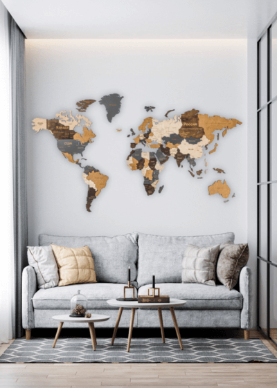 Деревянная карта мира на стену песочного цвета многоуровневая купить в Минске с доставкой